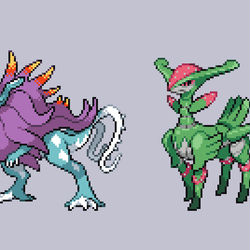 This is a pixiv picture whose title is 【ポケモンBW風ドット絵】ウネルミナモ・テツノイサハ.