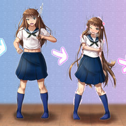 This is a pixiv picture whose title is 何故か届いたセーラー服を着てセーラー服JKになるTSシークエンス.