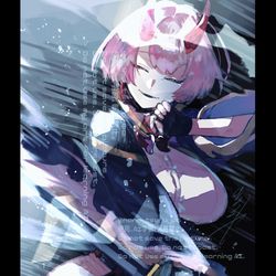 This is a pixiv picture whose title is 【skeb】わらうツノっ子糸目女性.