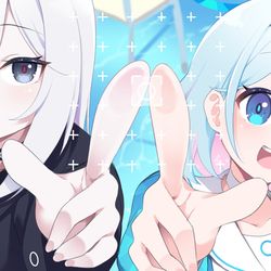 This is a pixiv picture whose title is 「私たちの指に、先生の指を当ててください！」.