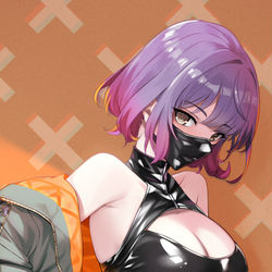 This is a pixiv picture whose title is 口罩+高叉+裤袜+=社保.