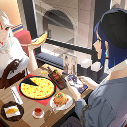 This is a pixiv picture whose title is 凝光X夜兰 必胜客同人.