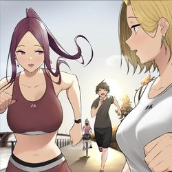 This is a pixiv picture whose title is ギャルズに一生懸命ついていこうと頑張る男の子.
