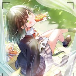 This is a pixiv picture whose title is 「サボっているのが見つかってしまう写真部の先輩」.