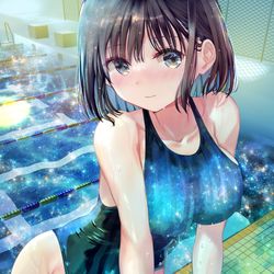 This is a pixiv picture whose title is 満天の星×競泳水着×後輩ちゃん.