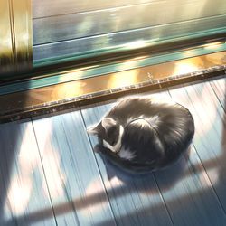This is a pixiv picture whose title is 窓際と猫.