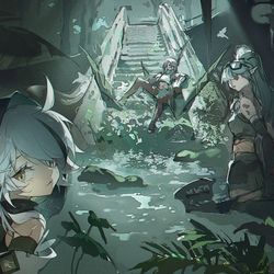 This is a pixiv picture whose title is 明日方舟热带雨林组；特米米，嘉维尔，燧石.