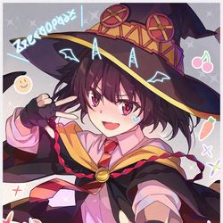 This is a pixiv picture whose title is 爆裂プリクラをキメるめぐみん.