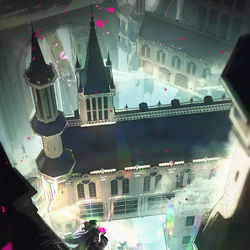 This is a pixiv picture whose title is 重力が反転した街.