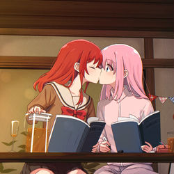 This is a pixiv picture whose title is 歌詞を書くのが難しいぼっちちゃんを助ける喜多ちゃん.