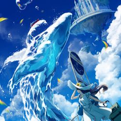 This is a pixiv picture whose title is 空飛ぶクジラ便.