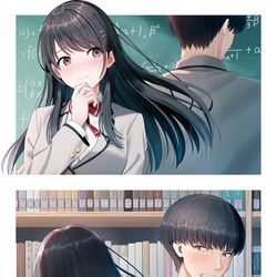 This is a pixiv picture whose title is 理系彼女と文系彼氏、先に告った方が負け.