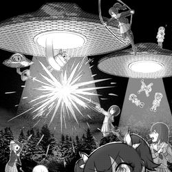 This is a pixiv picture whose title is 宮女（+a）vs未確認飛行物体.