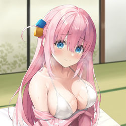 This is a pixiv picture whose title is ぼっちちゃん汗だく白ビキニジャージVerと支援差分イラスト.