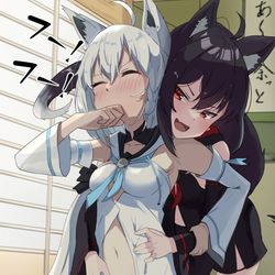 This is a pixiv picture whose title is くすぐり合うホロライブ　黒白フブキ編.