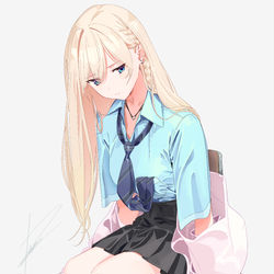 This is a pixiv picture whose title is 金髪青シャツ素足上履き.