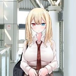 This is a pixiv picture whose title is 通勤道中でぱんつを見せてくる金髪ツインテJK.