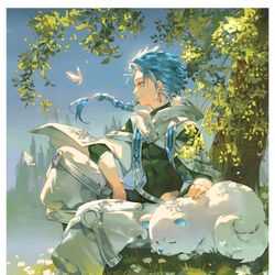This is a pixiv picture whose title is 少年と子犬.