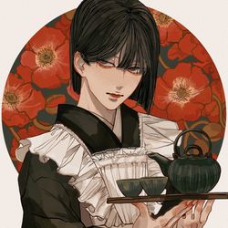 This is a pixiv picture whose title is おかっぱメイドくん.