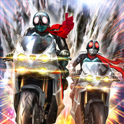 This is a pixiv picture whose title is 仮面ライダー1号＋第2号.