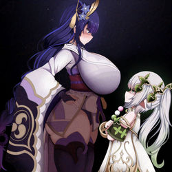 This is a pixiv picture whose title is 雷電将軍 VS ナヒーダ.