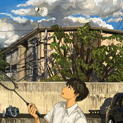This is a pixiv picture whose title is 屋上バドミントン.