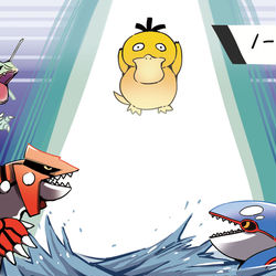 This is a pixiv picture whose title is グラードンとカイオーガを仲裁するコダック.