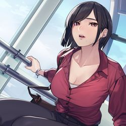This is a pixiv picture whose title is 観覧車乗ったのに高い所怖くなっちゃった残念なお姉さん。.
