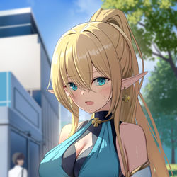 This is a pixiv picture whose title is #5 えるふちゃんが周囲を案内しろというので街に連れてきた.