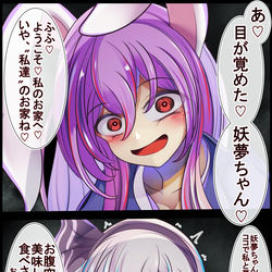 This is a pixiv picture whose title is 大好きな妖夢ちゃんを強引にお家までつれてきたうどんげちゃん.