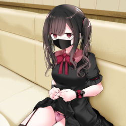 This is a pixiv picture whose title is 通勤道中のカフェ店内でぱんつを見せてくる地雷系女子.