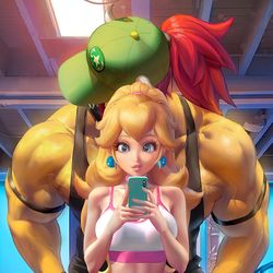 This is a pixiv picture whose title is ピーチとクッパ Distracting my husband.
