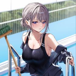 This is a pixiv picture whose title is (も、もうプール掃除一生したくない…).