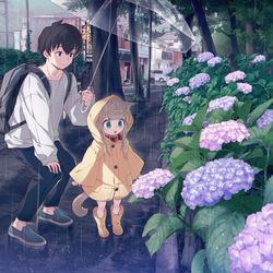 This is a pixiv picture whose title is きなことお散歩🐈　紫陽花☔🌼.