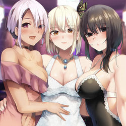 This is a pixiv picture whose title is 「今日は誰と遊ぶ？💜💛🖤」.