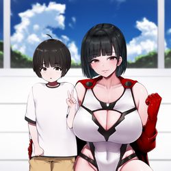 This is a pixiv picture whose title is 憧れのスーパーヒロインとツーショット写真を撮ってもらえた少年.