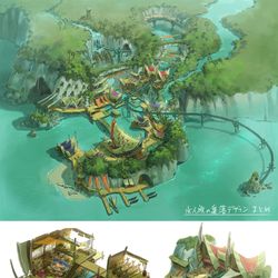 This is a pixiv picture whose title is 【デザイン】水人の集落.