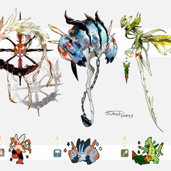 This is a pixiv picture whose title is メガバシャーモ・メガラグラージ・メガジュカインモチーフの武器.