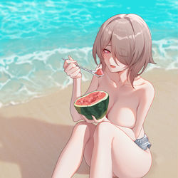 This is a pixiv picture whose title is 碧海金沙吃西瓜.