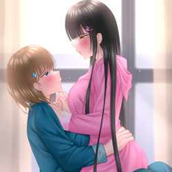 This is a pixiv picture whose title is 同棲幼馴染百合の日常「ここからどうするんだっけ？」.