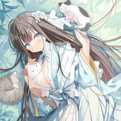 This is a pixiv picture whose title is 猫と戯れ.