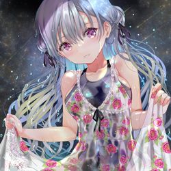 This is a pixiv picture whose title is 星空×競泳水着×濡れ透け花柄ワンピさん.