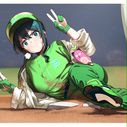 This is a pixiv picture whose title is ヘッスラ二塁打ドヤ顔ダブルピース女将.