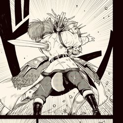 This is a pixiv picture whose title is 獣人の戦士と出会う話.