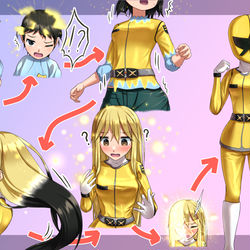 This is a pixiv picture whose title is 幼稚園児の男の子が突然戦隊イエローの金髪ロング女性へ.