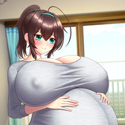 This is a pixiv picture whose title is ぱんっぱんなお腹を愛おしそうに抱える美風.