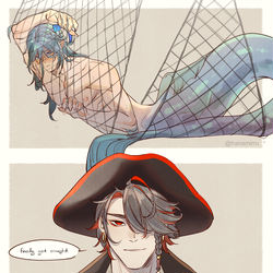 This is a pixiv picture whose title is mermaid 💧🏛️ and pirate ♦️🌱.