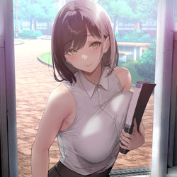 This is a pixiv picture whose title is 落としたプリントを拾うのを気になる男子が手伝ってくれたので、他～.