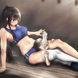 This is a pixiv picture whose title is 身長182cmの陸上部ポニテ娘の1週間連履き白ニーソ臭い責め.