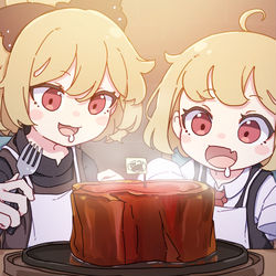 This is a pixiv picture whose title is ヤマメとルーミアと特大ステーキ.